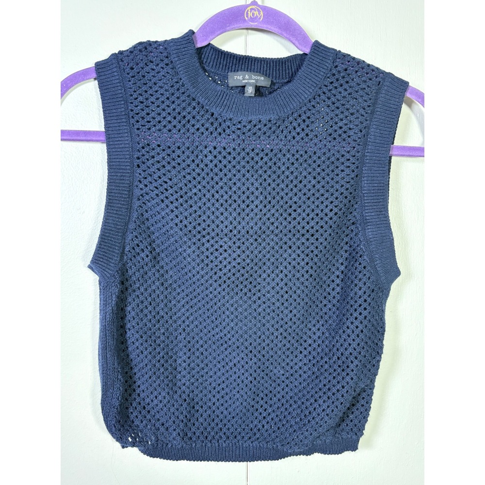 Rag & Bone Navy Cotton Cashmere Open Knit Sweater Vest XS Quiet Luxury Coastal